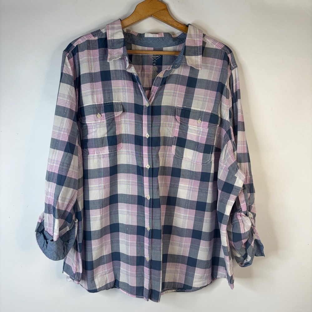 St. John's Bay Button Down Shirt Womens 4X Blue Purple Plaid Metallic Roll-Tab